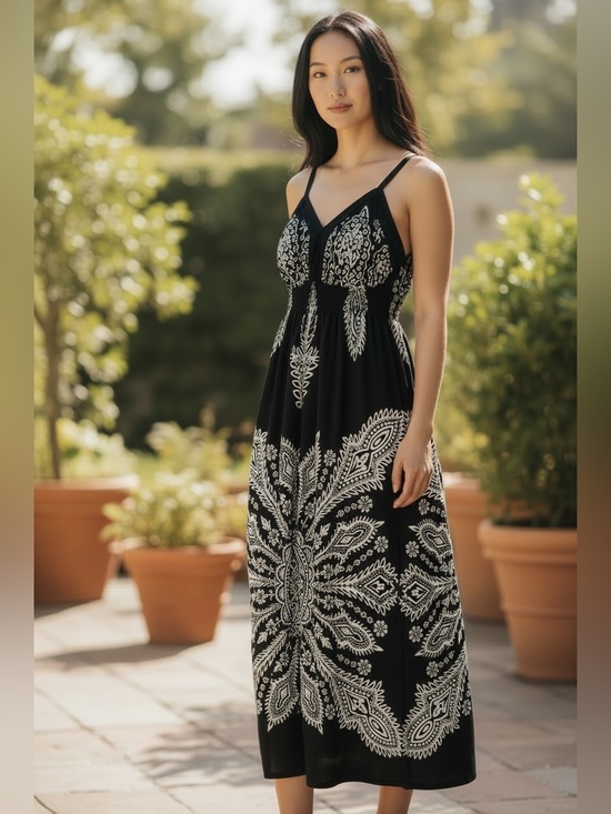 Point Zero Dresses & Skirts - Point Zero (S) Black Midi Dress White Paisley Print White Smocking Sundress